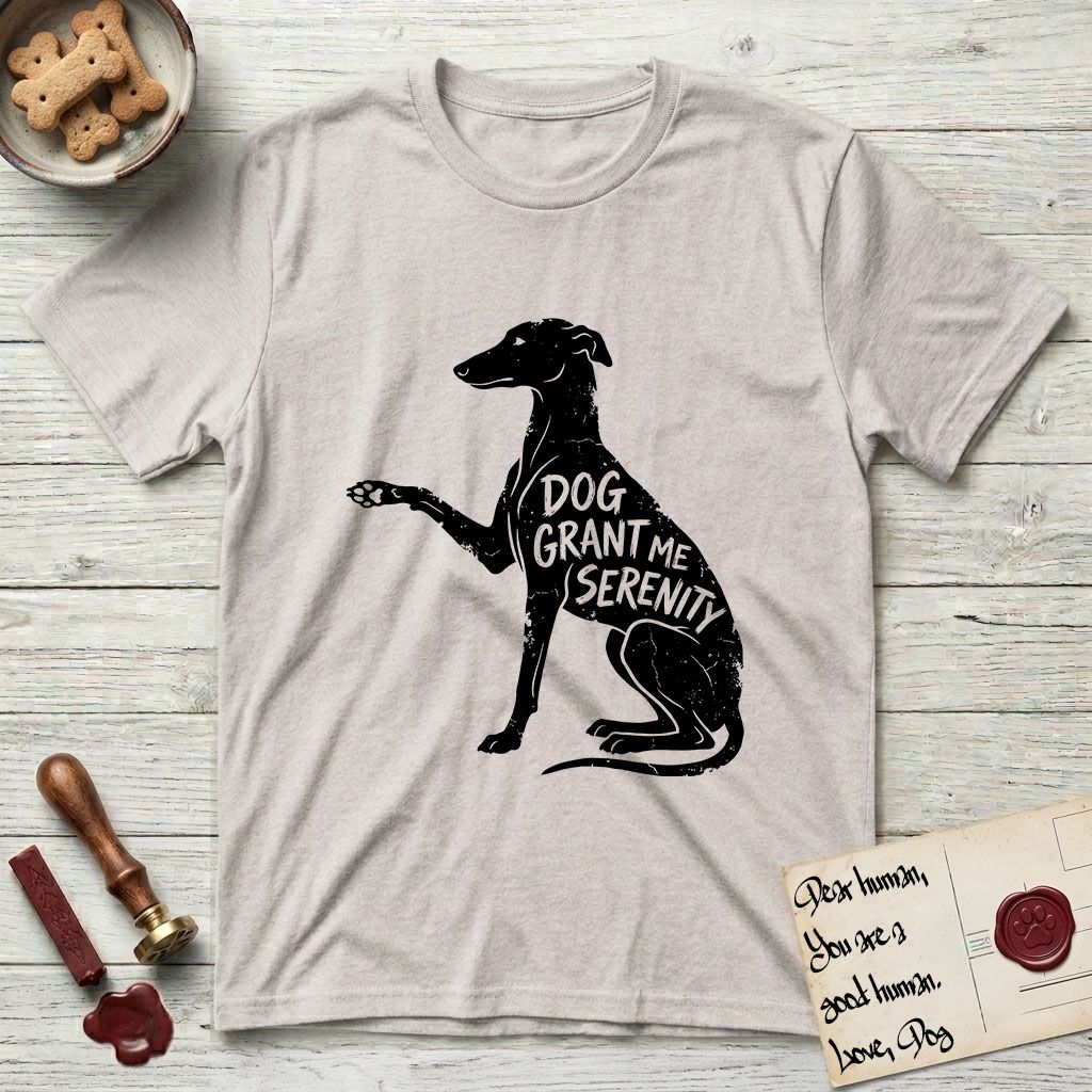 Serenity Greyhound T-Shirt flat lay in Ice Grey, featuring Distressed black screen print silhouette of a Greyhound sitting in profile with one paw raised, an arched back and a long whip tail, the words DOG GRANT ME SERENITY showing through her body in the shirt color.
