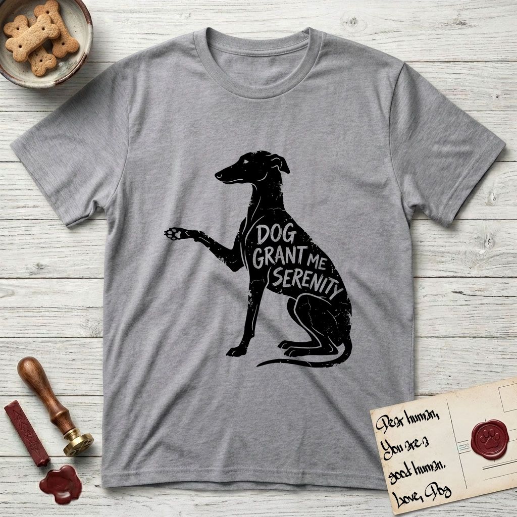 Serenity Greyhound T-Shirt flat lay in Sport Grey, featuring Distressed black screen print silhouette of a Greyhound sitting in profile with one paw raised, an arched back and a long whip tail, the words DOG GRANT ME SERENITY showing through her body in the shirt color.