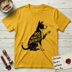 Serenity Lobo T-Shirt flat lay in Daisy, featuring Distressed black screen print silhouette of a black and white Cattle Dog and Pitbull mix sitting in profile with one paw raised, a white blaze, white chest and white tail tip, the words DOG GRANT ME SERENITY showing through his body in the shirt color.