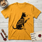 Serenity Lobo T-Shirt flat lay in Gold, featuring Distressed black screen print silhouette of a black and white Cattle Dog and Pitbull mix sitting in profile with one paw raised, a white blaze, white chest and white tail tip, the words DOG GRANT ME SERENITY showing through his body in the shirt color.