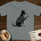 Serenity Lobo T-Shirt flat lay in Granite, featuring Distressed black screen print silhouette of a black and white Cattle Dog and Pitbull mix sitting in profile with one paw raised, a white blaze, white chest and white tail tip, the words DOG GRANT ME SERENITY showing through his body in the shirt color.