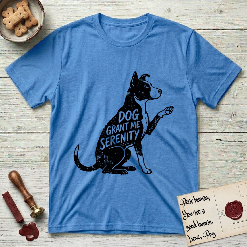 Serenity Lobo T-Shirt flat lay in Heather Sapphire, featuring Distressed black screen print silhouette of a black and white Cattle Dog and Pitbull mix sitting in profile with one paw raised, a white blaze, white chest and white tail tip, the words DOG GRANT ME SERENITY showing through his body in the shirt color.
