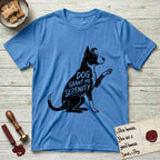 Serenity Lobo T-Shirt flat lay in Heather Sapphire, featuring Distressed black screen print silhouette of a black and white Cattle Dog and Pitbull mix sitting in profile with one paw raised, a white blaze, white chest and white tail tip, the words DOG GRANT ME SERENITY showing through his body in the shirt color.