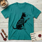 Serenity Lobo T-Shirt flat lay in Jade Dome, featuring Distressed black screen print silhouette of a black and white Cattle Dog and Pitbull mix sitting in profile with one paw raised, a white blaze, white chest and white tail tip, the words DOG GRANT ME SERENITY showing through his body in the shirt color.