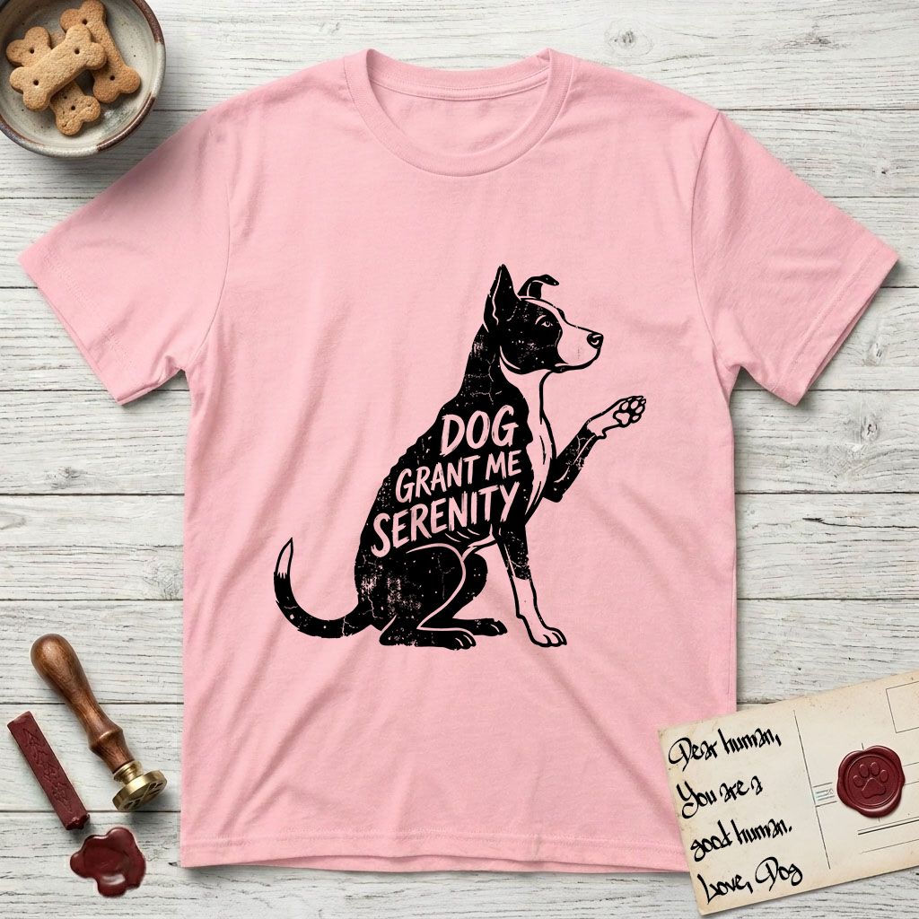 Serenity Lobo T-Shirt flat lay in Light Pink, featuring Distressed black screen print silhouette of a black and white Cattle Dog and Pitbull mix sitting in profile with one paw raised, a white blaze, white chest and white tail tip, the words DOG GRANT ME SERENITY showing through his body in the shirt color.
