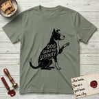 Serenity Lobo T-Shirt flat lay in Sage, featuring Distressed black screen print silhouette of a black and white Cattle Dog and Pitbull mix sitting in profile with one paw raised, a white blaze, white chest and white tail tip, the words DOG GRANT ME SERENITY showing through his body in the shirt color.