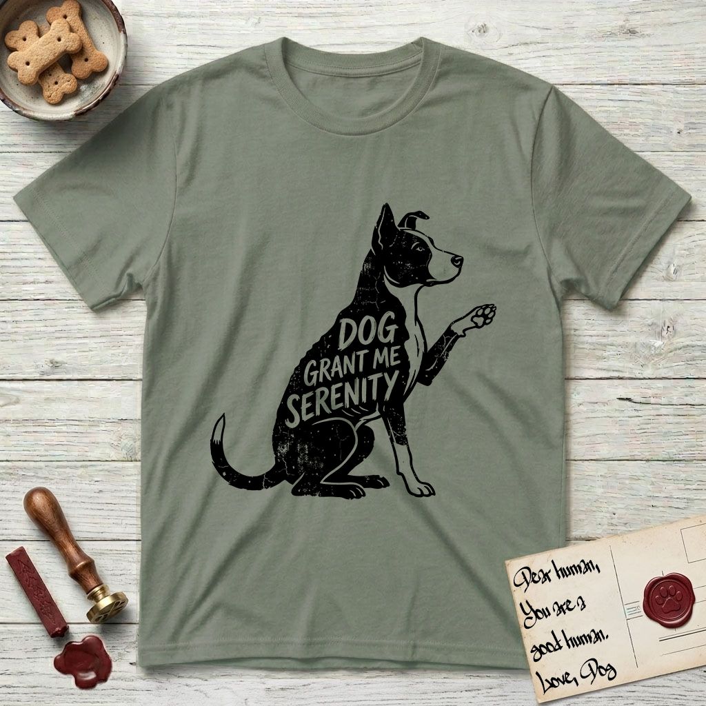 Serenity Lobo T-Shirt flat lay in Sage, featuring Distressed black screen print silhouette of a black and white Cattle Dog and Pitbull mix sitting in profile with one paw raised, a white blaze, white chest and white tail tip, the words DOG GRANT ME SERENITY showing through his body in the shirt color.