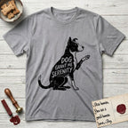 Serenity Lobo T-Shirt flat lay in Sport Grey, featuring Distressed black screen print silhouette of a black and white Cattle Dog and Pitbull mix sitting in profile with one paw raised, a white blaze, white chest and white tail tip, the words DOG GRANT ME SERENITY showing through his body in the shirt color.