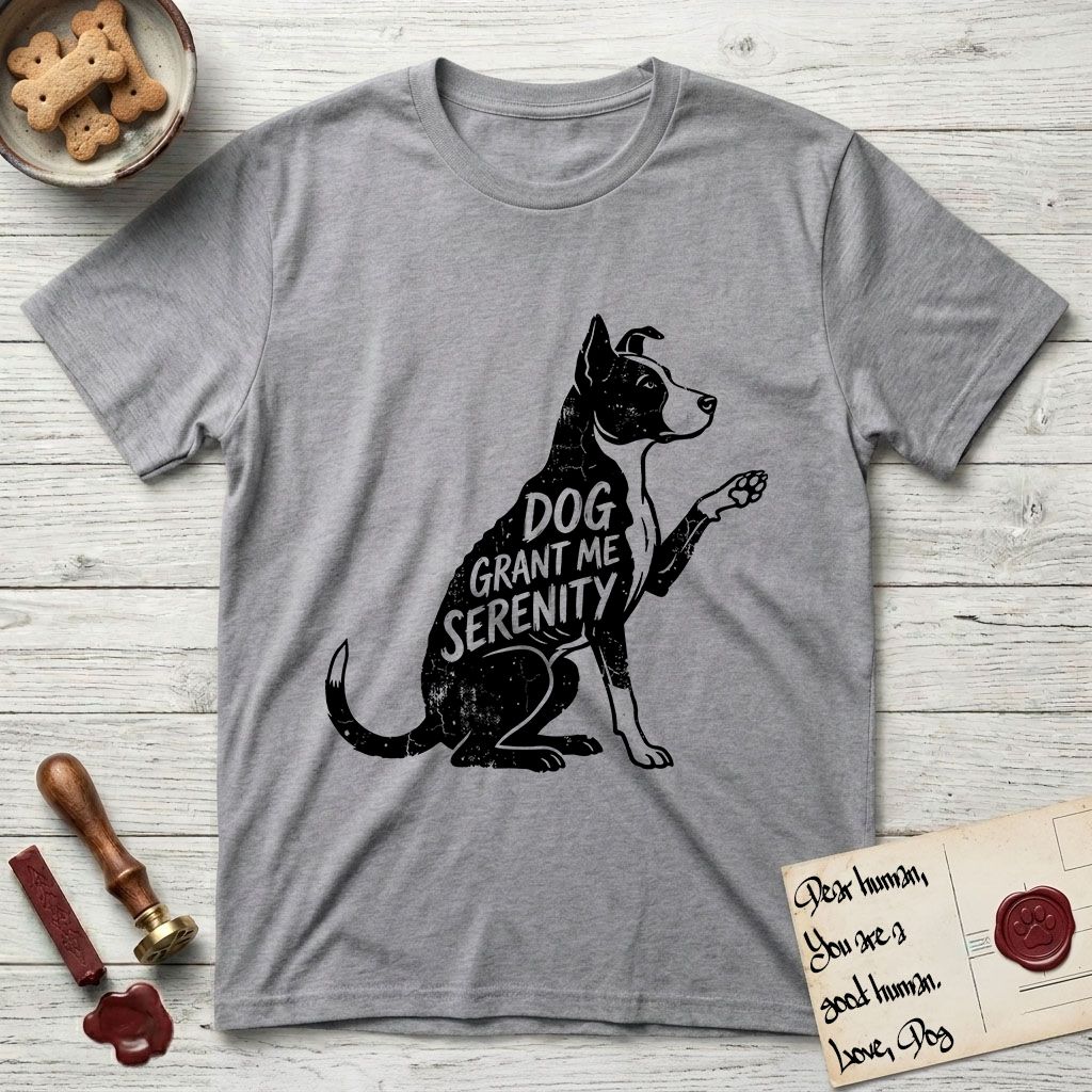 Serenity Lobo T-Shirt flat lay in Sport Grey, featuring Distressed black screen print silhouette of a black and white Cattle Dog and Pitbull mix sitting in profile with one paw raised, a white blaze, white chest and white tail tip, the words DOG GRANT ME SERENITY showing through his body in the shirt color.