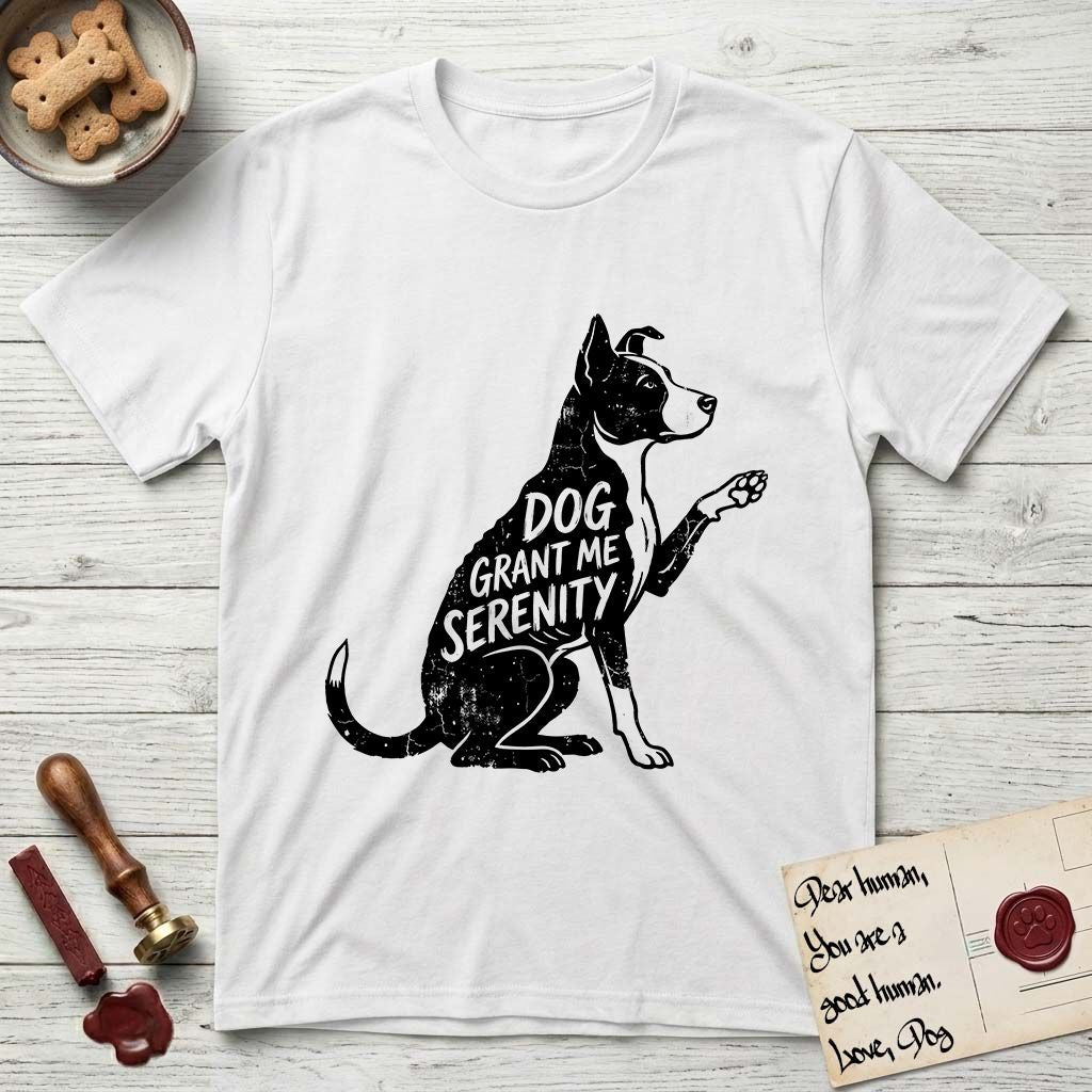 Serenity Lobo T-Shirt flat lay in White, featuring Distressed black screen print silhouette of a black and white Cattle Dog and Pitbull mix sitting in profile with one paw raised, a white blaze, white chest and white tail tip, the words DOG GRANT ME SERENITY showing through his body in the shirt color.