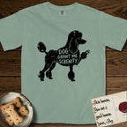 Serenity Poodle T-Shirt flat lay in Bay, featuring Distressed black screen print silhouette of a Poodle standing in profile with one paw raised, in a continental clip with a topknot and pompons, the words DOG GRANT ME SERENITY showing through her body in the shirt color.