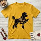 Serenity Poodle T-Shirt flat lay in Daisy, featuring Distressed black screen print silhouette of a Poodle standing in profile with one paw raised, in a continental clip with a topknot and pompons, the words DOG GRANT ME SERENITY showing through her body in the shirt color.
