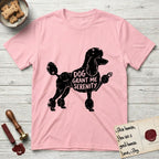 Serenity Poodle T-Shirt flat lay in Light Pink, featuring Distressed black screen print silhouette of a Poodle standing in profile with one paw raised, in a continental clip with a topknot and pompons, the words DOG GRANT ME SERENITY showing through her body in the shirt color.
