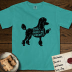 Serenity Poodle T-Shirt flat lay in Seafoam, featuring Distressed black screen print silhouette of a Poodle standing in profile with one paw raised, in a continental clip with a topknot and pompons, the words DOG GRANT ME SERENITY showing through her body in the shirt color.