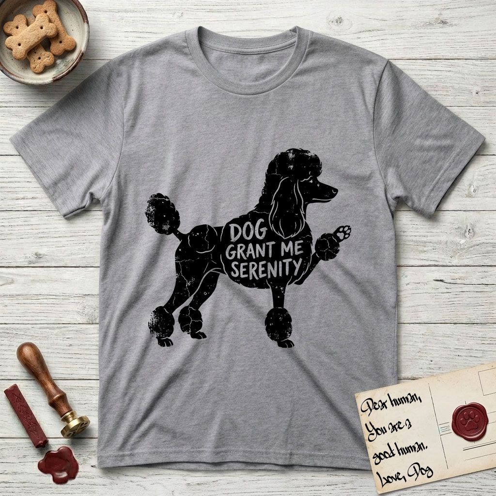 Serenity Poodle T-Shirt flat lay in Sport Grey, featuring Distressed black screen print silhouette of a Poodle standing in profile with one paw raised, in a continental clip with a topknot and pompons, the words DOG GRANT ME SERENITY showing through her body in the shirt color.