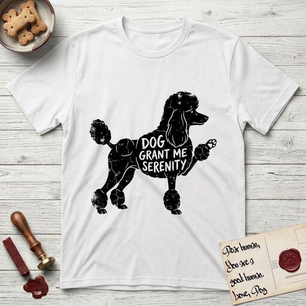 Serenity Poodle T-Shirt flat lay in White, featuring Distressed black screen print silhouette of a Poodle standing in profile with one paw raised, in a continental clip with a topknot and pompons, the words DOG GRANT ME SERENITY showing through her body in the shirt color.