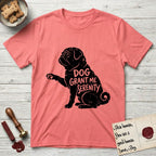 Serenity Pug T-Shirt flat lay in Coral Silk, featuring Distressed black screen print silhouette of a Pug sitting in profile with one paw raised, a wrinkled face and a tightly curled tail, the words DOG GRANT ME SERENITY showing through his body in the shirt color.