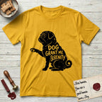 Serenity Pug T-Shirt flat lay in Daisy, featuring Distressed black screen print silhouette of a Pug sitting in profile with one paw raised, a wrinkled face and a tightly curled tail, the words DOG GRANT ME SERENITY showing through his body in the shirt color.