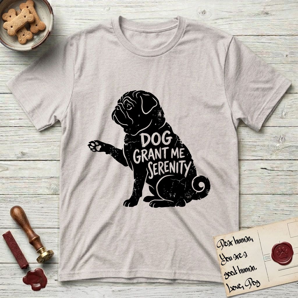 Serenity Pug T-Shirt flat lay in Ice Grey, featuring Distressed black screen print silhouette of a Pug sitting in profile with one paw raised, a wrinkled face and a tightly curled tail, the words DOG GRANT ME SERENITY showing through his body in the shirt color.
