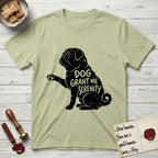 Serenity Pug T-Shirt flat lay in Pistachio, featuring Distressed black screen print silhouette of a Pug sitting in profile with one paw raised, a wrinkled face and a tightly curled tail, the words DOG GRANT ME SERENITY showing through his body in the shirt color.