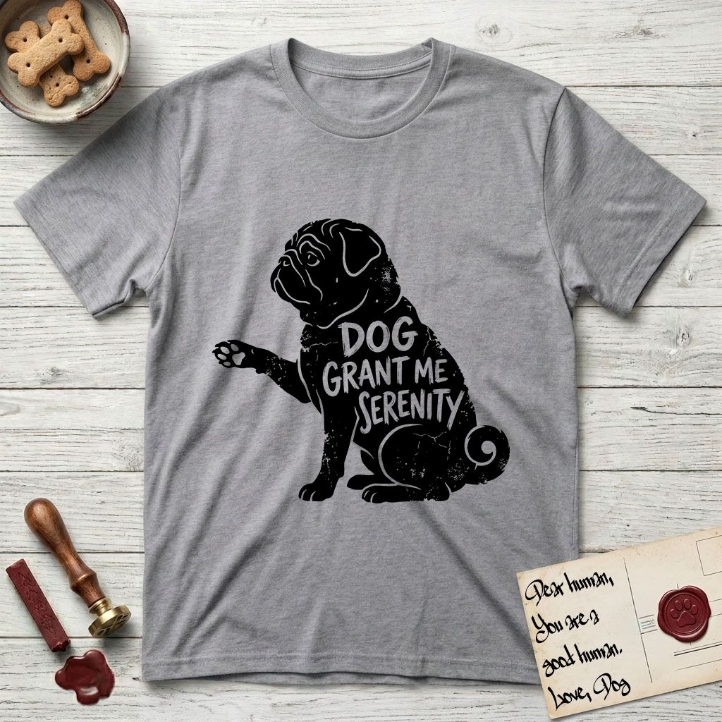 Serenity Pug T-Shirt flat lay in Sport Grey, featuring Distressed black screen print silhouette of a Pug sitting in profile with one paw raised, a wrinkled face and a tightly curled tail, the words DOG GRANT ME SERENITY showing through his body in the shirt color.
