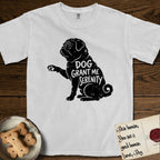 Serenity Pug T-Shirt flat lay in White, featuring Distressed black screen print silhouette of a Pug sitting in profile with one paw raised, a wrinkled face and a tightly curled tail, the words DOG GRANT ME SERENITY showing through his body in the shirt color.