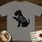 Serenity Schnauzer T-Shirt flat lay in Grey, featuring Distressed black screen print silhouette of a Schnauzer sitting in profile with one paw raised, a long beard and bushy eyebrows, the words DOG GRANT ME SERENITY showing through her body in the shirt color.