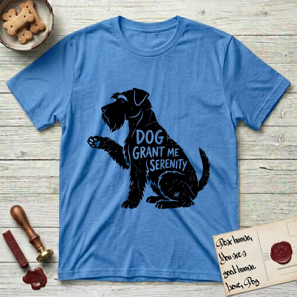 Serenity Schnauzer T-Shirt flat lay in Heather Sapphire, featuring Distressed black screen print silhouette of a Schnauzer sitting in profile with one paw raised, a long beard and bushy eyebrows, the words DOG GRANT ME SERENITY showing through her body in the shirt color.