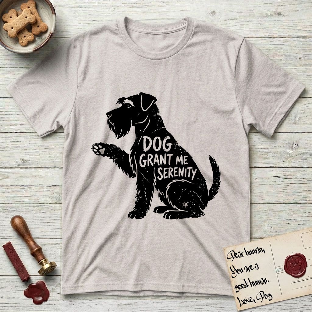 Serenity Schnauzer T-Shirt flat lay in Ice Grey, featuring Distressed black screen print silhouette of a Schnauzer sitting in profile with one paw raised, a long beard and bushy eyebrows, the words DOG GRANT ME SERENITY showing through her body in the shirt color.