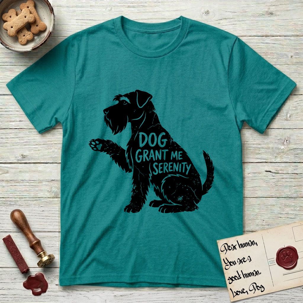 Serenity Schnauzer T-Shirt flat lay in Jade Dome, featuring Distressed black screen print silhouette of a Schnauzer sitting in profile with one paw raised, a long beard and bushy eyebrows, the words DOG GRANT ME SERENITY showing through her body in the shirt color.