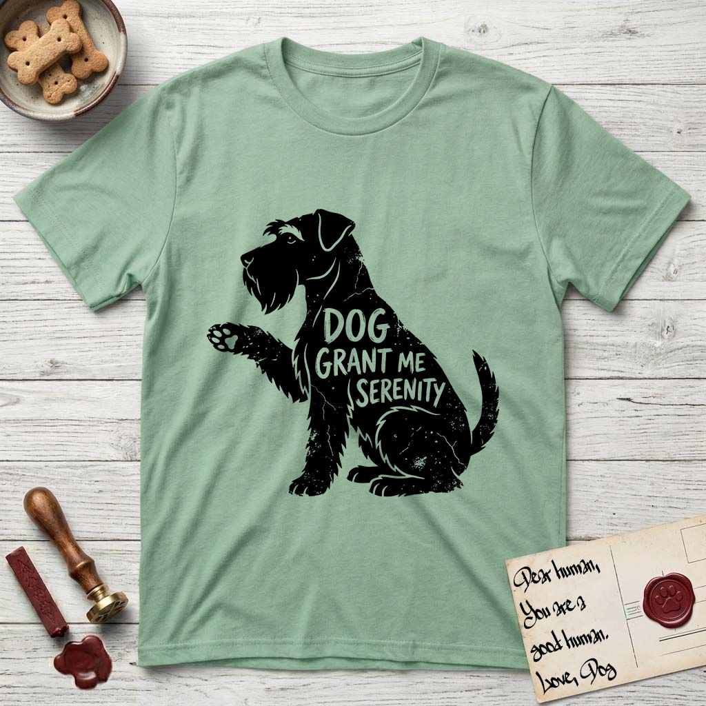 Serenity Schnauzer T-Shirt flat lay in Mint Green, featuring Distressed black screen print silhouette of a Schnauzer sitting in profile with one paw raised, a long beard and bushy eyebrows, the words DOG GRANT ME SERENITY showing through her body in the shirt color.
