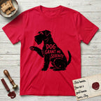 Serenity Schnauzer T-Shirt flat lay in Red, featuring Distressed black screen print silhouette of a Schnauzer sitting in profile with one paw raised, a long beard and bushy eyebrows, the words DOG GRANT ME SERENITY showing through her body in the shirt color.