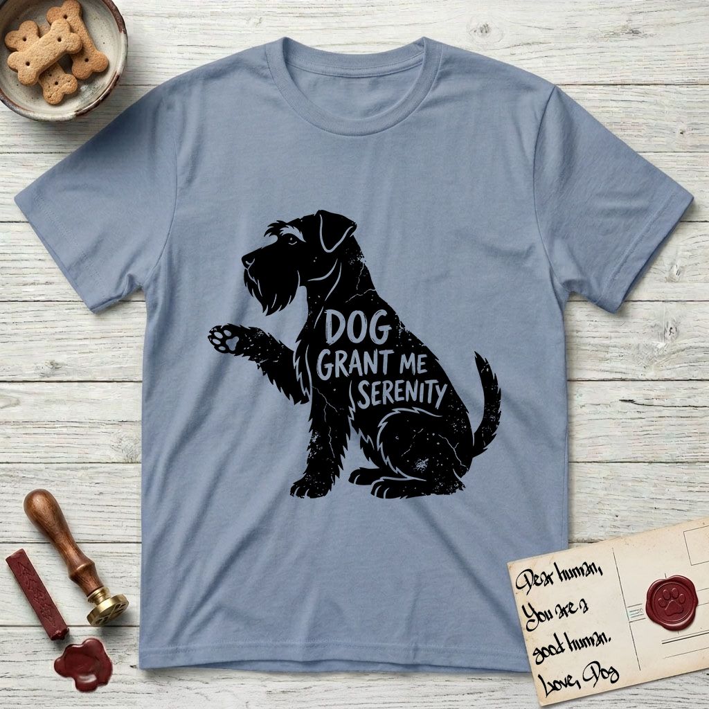 Serenity Schnauzer T-Shirt flat lay in Stone Blue, featuring Distressed black screen print silhouette of a Schnauzer sitting in profile with one paw raised, a long beard and bushy eyebrows, the words DOG GRANT ME SERENITY showing through her body in the shirt color.