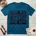 Dogma House Dalmatian T-Shirt flat lay in Antique Sapphire, featuring a bold streetwear design with DOGMA HOUSE stacked four times in block letters and a geometric angular Dalmatian overlaid on the text.
