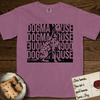 Dogma House Dalmatian T-Shirt flat lay in Berry, featuring a bold streetwear design with DOGMA HOUSE stacked four times in block letters and a geometric angular Dalmatian overlaid on the text.