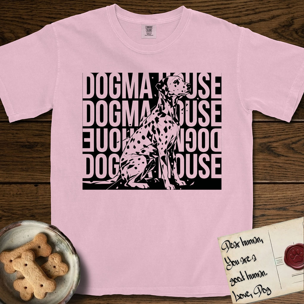 Dogma House Dalmatian T-Shirt flat lay in Blossom, featuring a bold streetwear design with DOGMA HOUSE stacked four times in block letters and a geometric angular Dalmatian overlaid on the text.