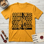 Dogma House Dalmatian T-Shirt flat lay in Gold, featuring a bold streetwear design with DOGMA HOUSE stacked four times in block letters and a geometric angular Dalmatian overlaid on the text.