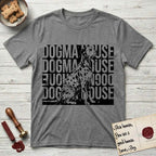 Dogma House Dalmatian T-Shirt flat lay in Graphite Heather, featuring a bold streetwear design with DOGMA HOUSE stacked four times in block letters and a geometric angular Dalmatian overlaid on the text.
