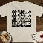 Dogma House Dalmatian T-Shirt flat lay in Ivory, featuring a bold streetwear design with DOGMA HOUSE stacked four times in block letters and a geometric angular Dalmatian overlaid on the text.