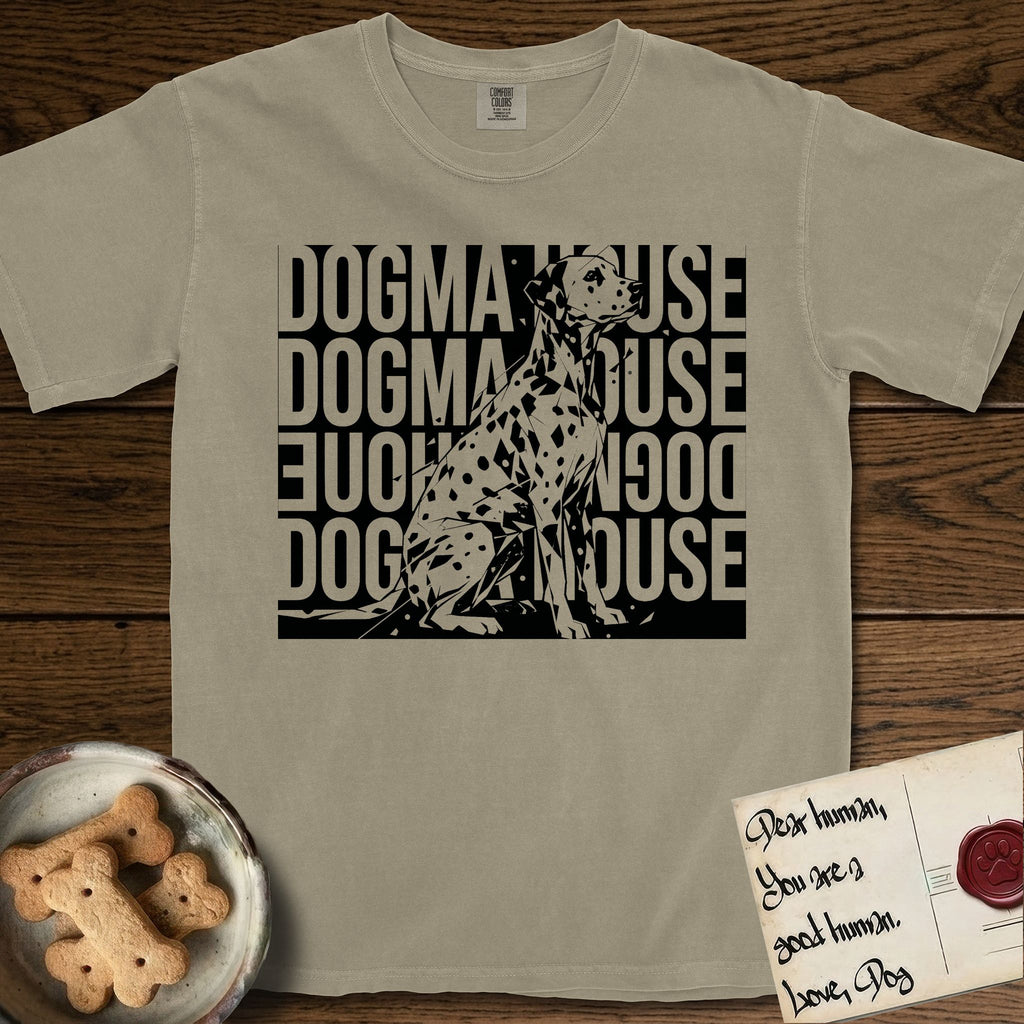 Dogma House Dalmatian T-Shirt flat lay in Khaki, featuring a bold streetwear design with DOGMA HOUSE stacked four times in block letters and a geometric angular Dalmatian overlaid on the text.