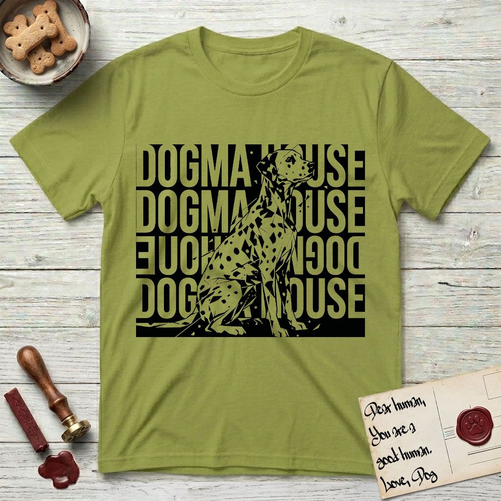 Dogma House Dalmatian T-Shirt flat lay in Kiwi, featuring a bold streetwear design with DOGMA HOUSE stacked four times in block letters and a geometric angular Dalmatian overlaid on the text.
