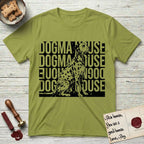 Dogma House Dalmatian T-Shirt flat lay in Kiwi, featuring a bold streetwear design with DOGMA HOUSE stacked four times in block letters and a geometric angular Dalmatian overlaid on the text.