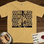Dogma House Dalmatian T-Shirt flat lay in Mustard, featuring a bold streetwear design with DOGMA HOUSE stacked four times in block letters and a geometric angular Dalmatian overlaid on the text.