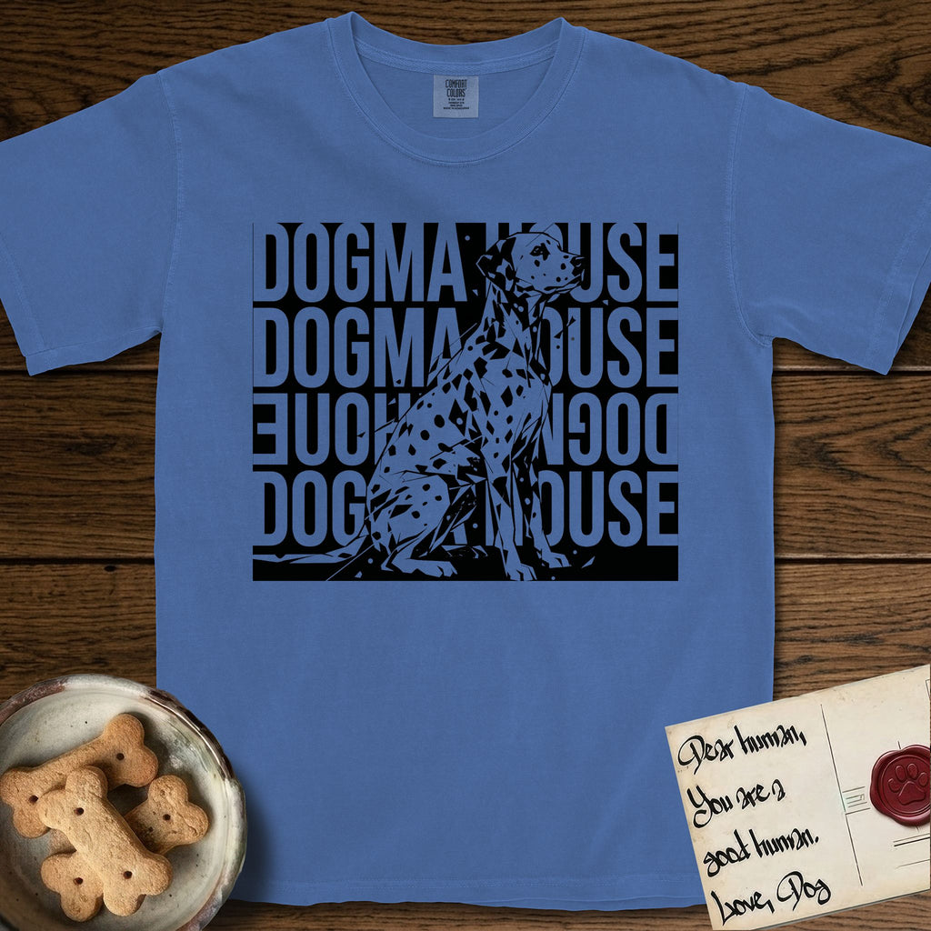 Dogma House Dalmatian T-Shirt flat lay in Mystic Blue, featuring a bold streetwear design with DOGMA HOUSE stacked four times in block letters and a geometric angular Dalmatian overlaid on the text.