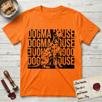 Dogma House Dalmatian T-Shirt flat lay in Orange, featuring a bold streetwear design with DOGMA HOUSE stacked four times in block letters and a geometric angular Dalmatian overlaid on the text.