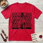 Dogma House Dalmatian T-Shirt flat lay in Red, featuring a bold streetwear design with DOGMA HOUSE stacked four times in block letters and a geometric angular Dalmatian overlaid on the text.