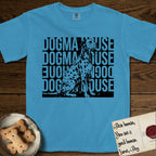 Dogma House Dalmatian T-Shirt flat lay in Royal Caribe, featuring a bold streetwear design with DOGMA HOUSE stacked four times in block letters and a geometric angular Dalmatian overlaid on the text.