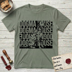 Dogma House Dalmatian T-Shirt flat lay in Sage, featuring a bold streetwear design with DOGMA HOUSE stacked four times in block letters and a geometric angular Dalmatian overlaid on the text.
