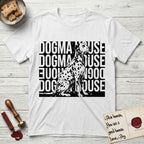 Dogma House Dalmatian T-Shirt flat lay in White, featuring a bold streetwear design with DOGMA HOUSE stacked four times in block letters and a geometric angular Dalmatian overlaid on the text.