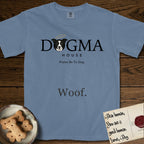 Dogma House Dark Logo T-Shirt flat lay in Blue Jean, featuring the Dogma House wordmark in dark ink with Lobo the mascot forming the O, a halo above him, and HOUSE below.